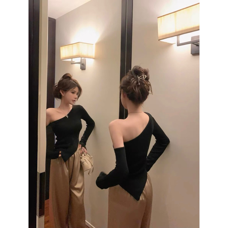 Áo Tay Dài Vạt Chéo, Áo kiểu nữ tay dài thun gân tăm A4