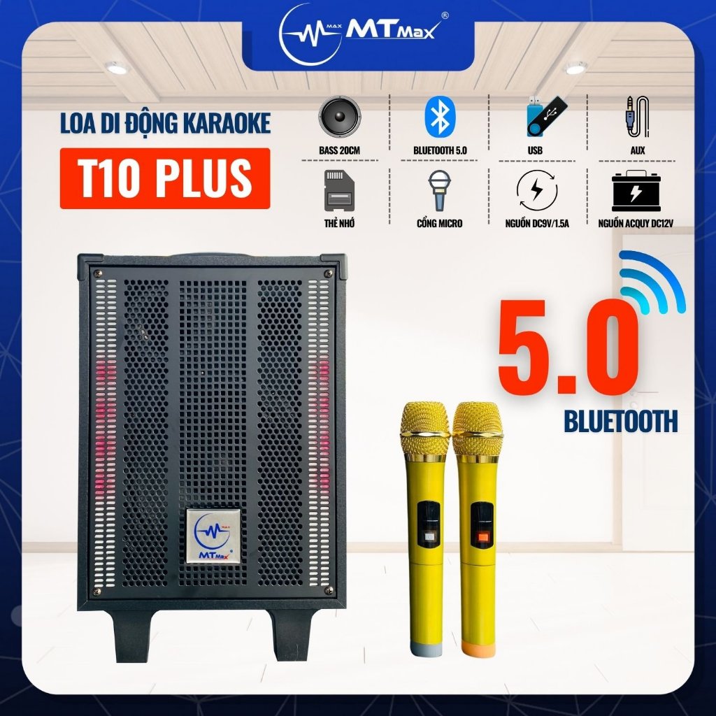 Loa Karaoke T10Plus Bass 20cm Có Đèn LED RGB Nháy Theo Nhạc Bluetooth Hiện Đại Âm Siêu Trầm Siêu Mạnh Mẽ Đi Kèm 2 Micro