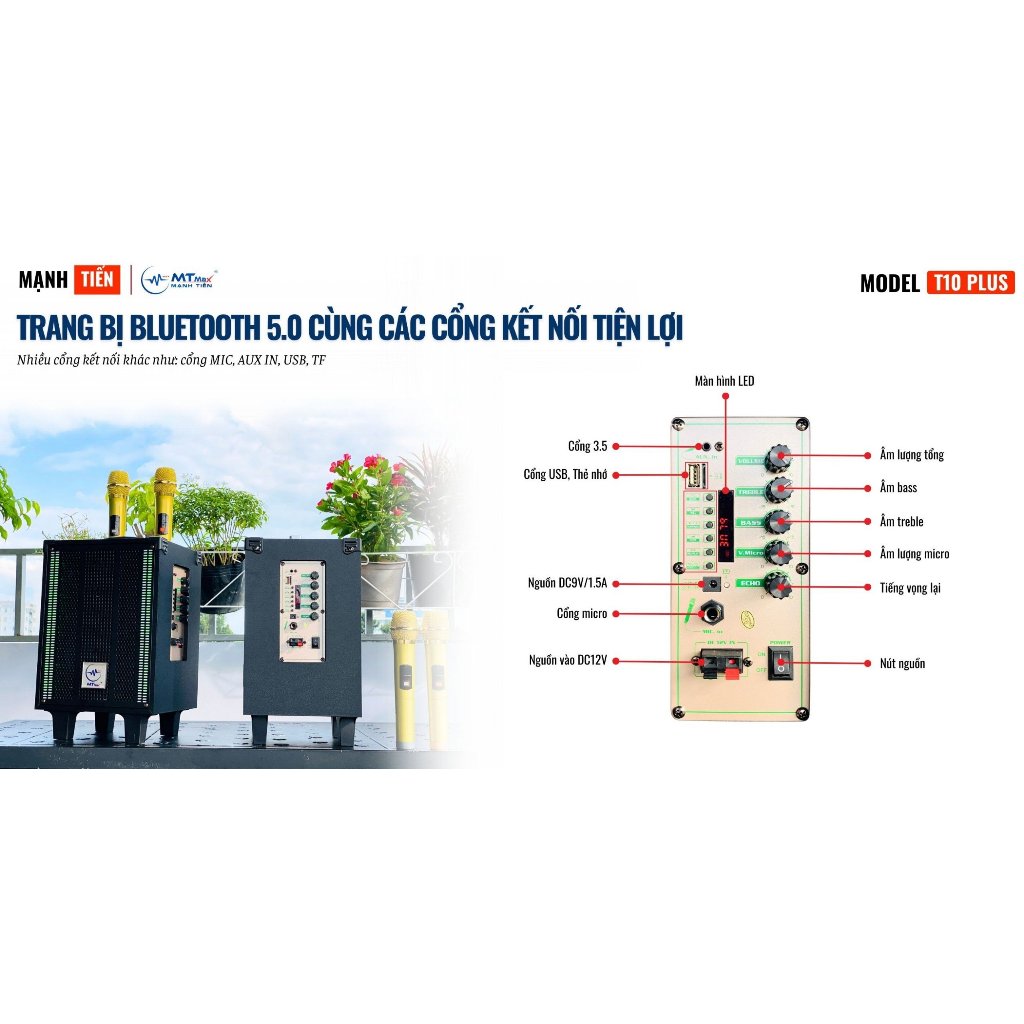Loa Karaoke T10Plus Bass 20cm Có Đèn LED RGB Nháy Theo Nhạc Bluetooth Hiện Đại Âm Siêu Trầm Siêu Mạnh Mẽ Đi Kèm 2 Micro