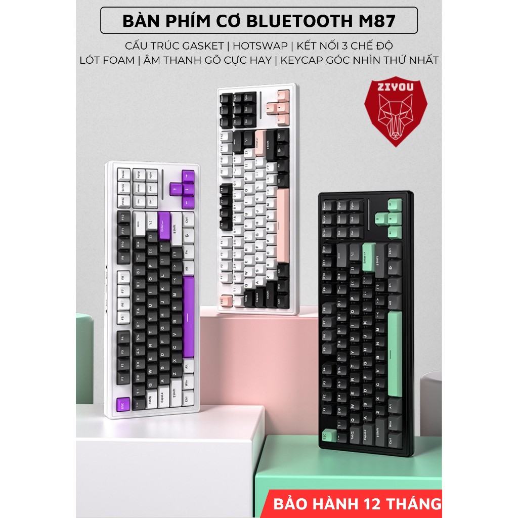 Bàn Phím Cơ Không Dây Bluetooth Có Hotwap Ziyou XM87 LED RGB Lót Foam 3 Mode Cho Máy Tính, Laptop, Ipad