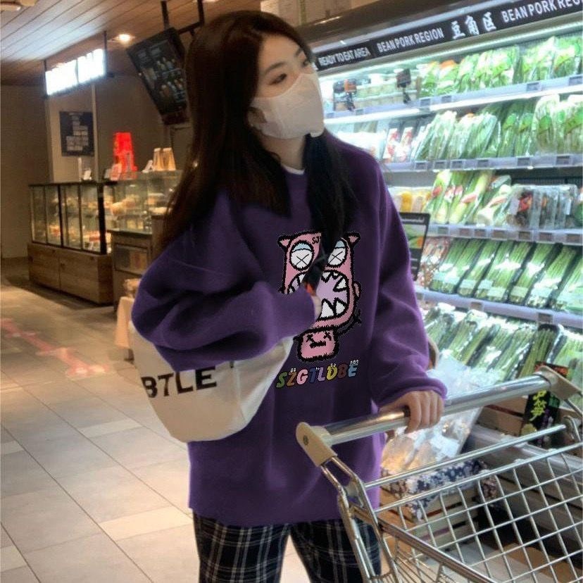 Áo sweater áo thun nỉ dài tay cổ tròn dáng rộng màu xanh tím unisex hàng loại 1