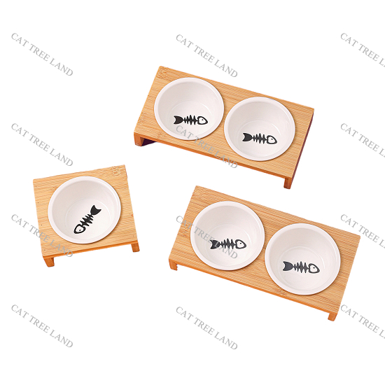BÁT ĂN CHÓ MÈO BẰNG SỨ, KÈM ĐẾ (GIÁ ĐỠ) BẰNG GỖ TRE - KHAY ĂN GỖ CHO THÚ CƯNG
