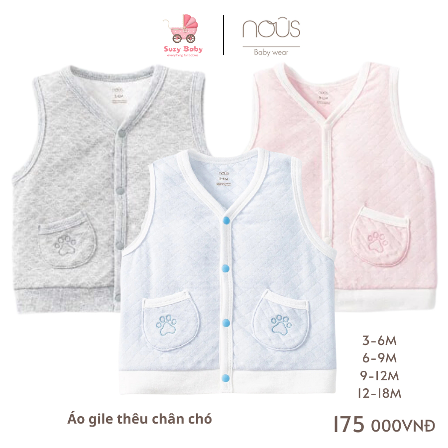 Nous Áo khoác Gilet cho bé in hình chân chó - chất liệu Nu Choux - Size Từ 3-18M
