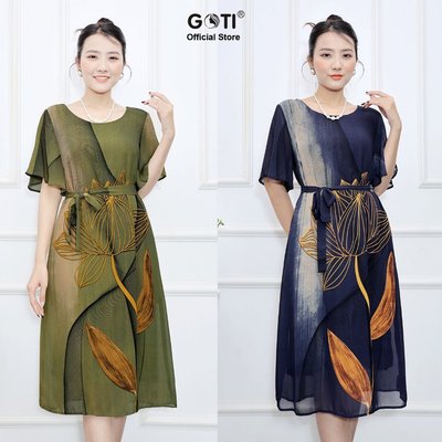 GOTI – Đầm Suông Voan Trung Niên Dự Tiệc Kiểu Đầm Suông Chữ A In Hoa Sen Vàng Cao Cấp 45-78kg 3379