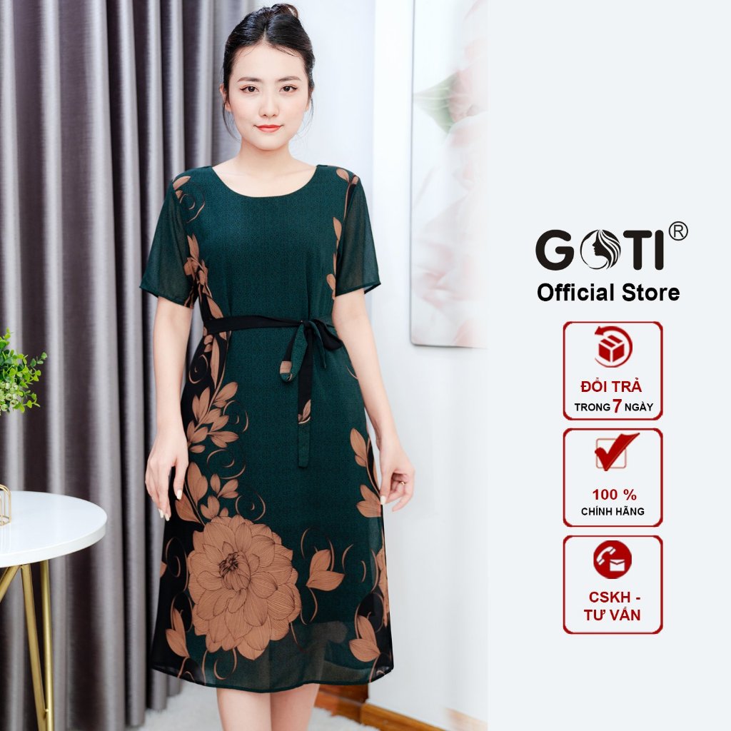 GOTI – Đầm Suông Voan Trung Niên Dự Tiệc Kiểu Đầm Suông Chữ A Dáng Dài In Hoa Sen Vàng Cao Cấp Quà Tặng Mẹ 45-78kg 3379