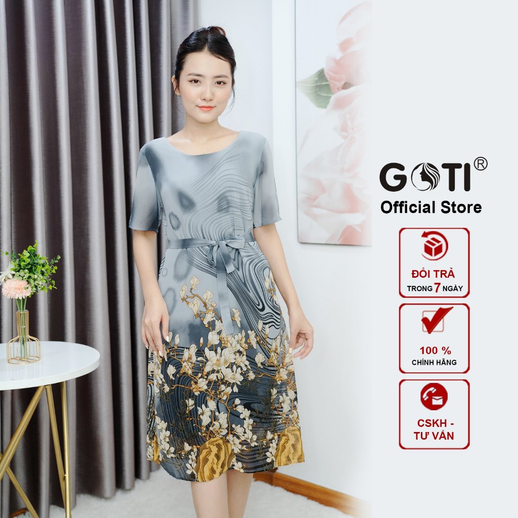 GOTI – Đầm Suông Voan Trung Niên Dự Tiệc Kiểu Đầm Suông Chữ A Dáng Dài In Hoa Sen Vàng Cao Cấp Quà Tặng Mẹ 45-78kg 3379