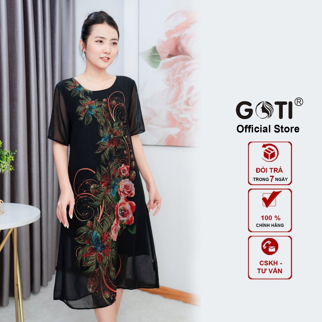 GOTI – Đầm Suông Voan Trung Niên Dự Tiệc Kiểu Đầm Suông Chữ A Dáng Dài In Hoa Sen Vàng Cao Cấp Quà Tặng Mẹ 45-78kg 3379