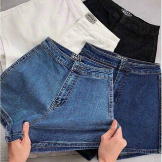   stock  Quần short đùi jean xanh đen trắng Quần đùi bò cạp cao gen bụng Quân Đùi Nữ Lưng Cao Trơn Lai Cuốn 