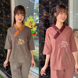 Đồ lam đi chùa # mẫu 1 nút vải kate thêu sen