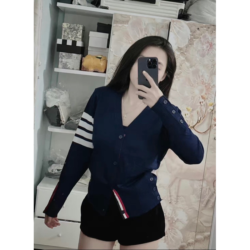 Áo Khoác Cardigan Len Thom Họa Tiết 4 Sọc Cao Cấp