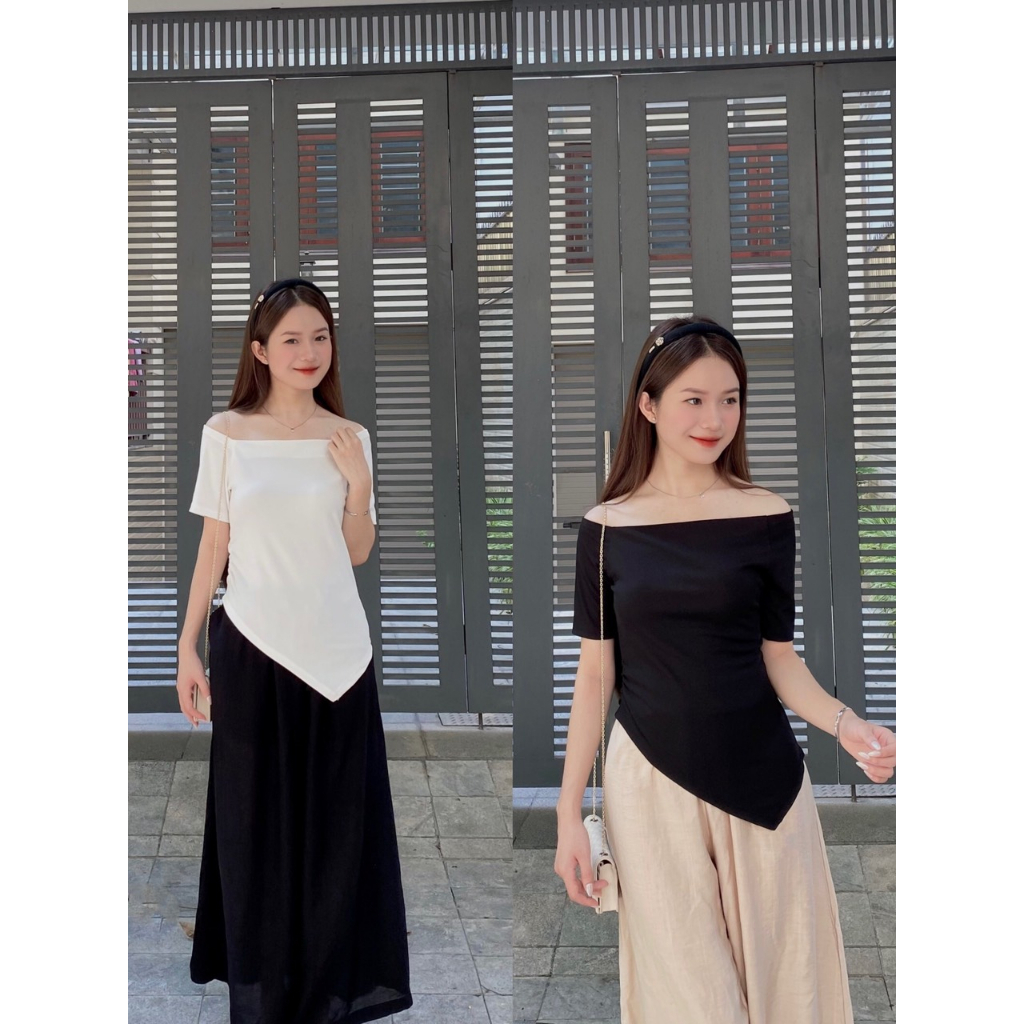 Áo thun trễ vai vạt nhọn chéo, áo nữ chất thun hàn dày dặn phong cách Hàn Quốc siêu xinh mã HA93 HMStyle