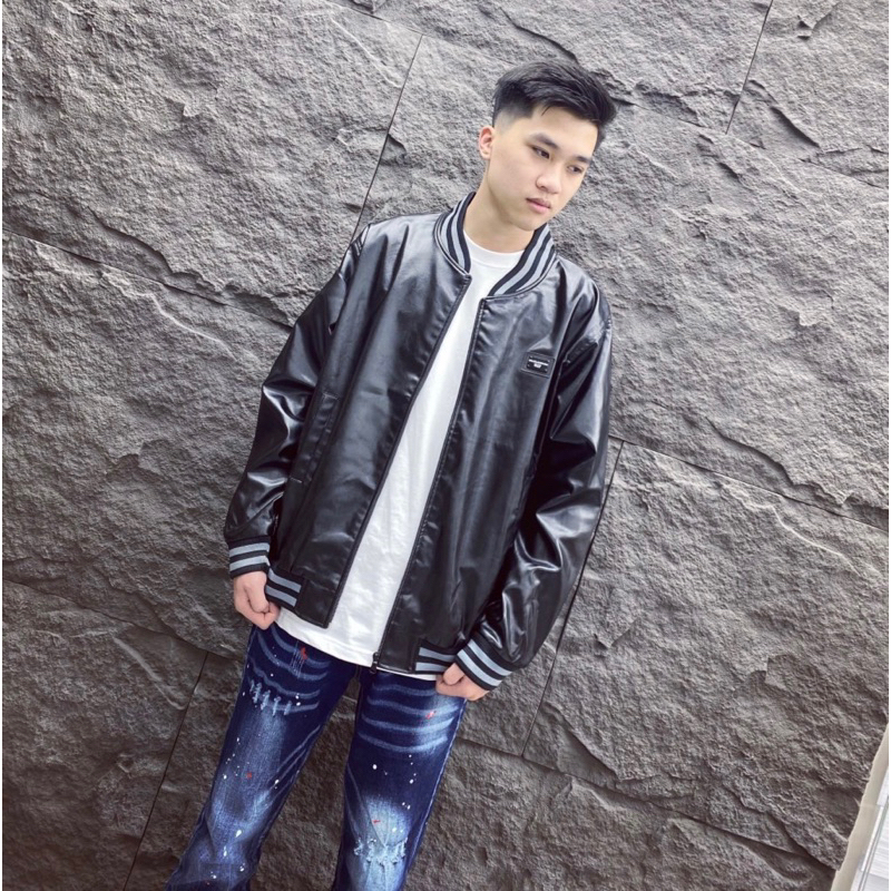 Áo khoác da bomber dg có hoạ tiết đơn giản màu đen khoá kéo thời trang nam nữ phong cách giới trẻ có size từ s đến xl