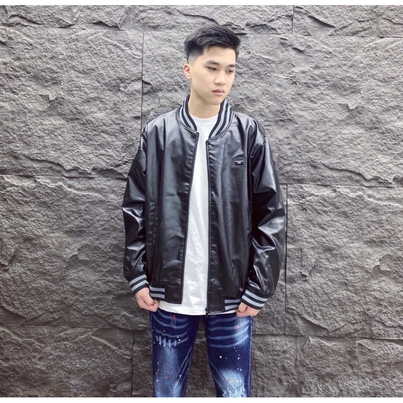 Áo khoác da bomber dg có hoạ tiết đơn giản màu đen khoá kéo thời trang nam nữ phong cách giới trẻ có size từ s đến xl
