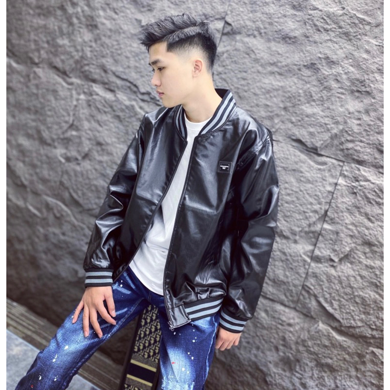 Áo khoác da bomber dg có hoạ tiết đơn giản màu đen khoá kéo thời trang nam nữ phong cách giới trẻ có size từ s đến xl