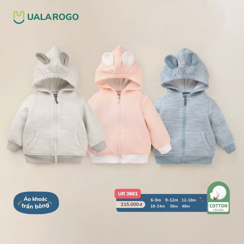 Áo khoác nỉ nhung, trần bông Uala Rogo mềm mịn, ấm áp cho bé trai - bé gái từ 6 tháng đến 4 tuổi