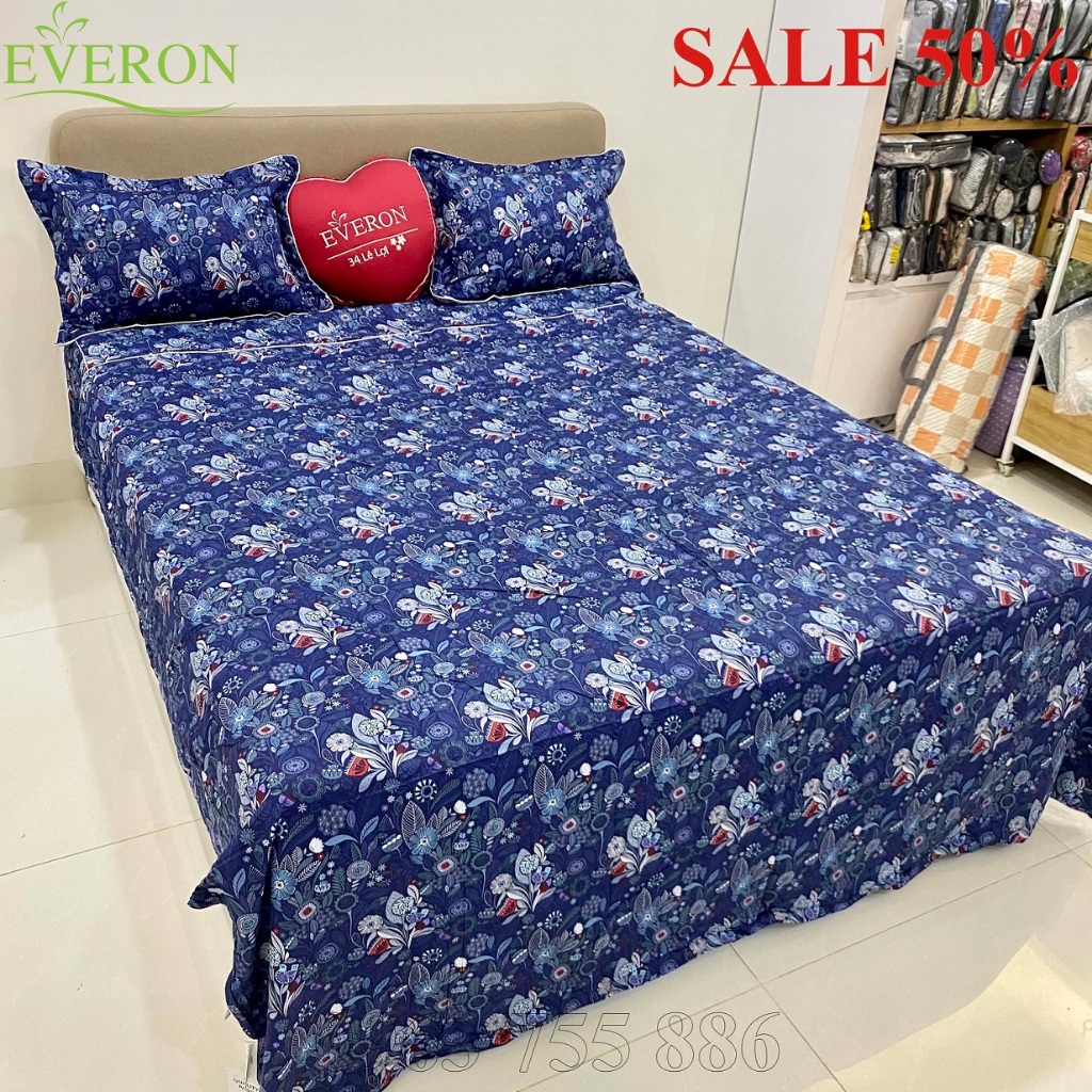 Bộ ga phủ, ga chun trần, chăn hè thu everon màu xanh than epm 20063 modal giảm giá