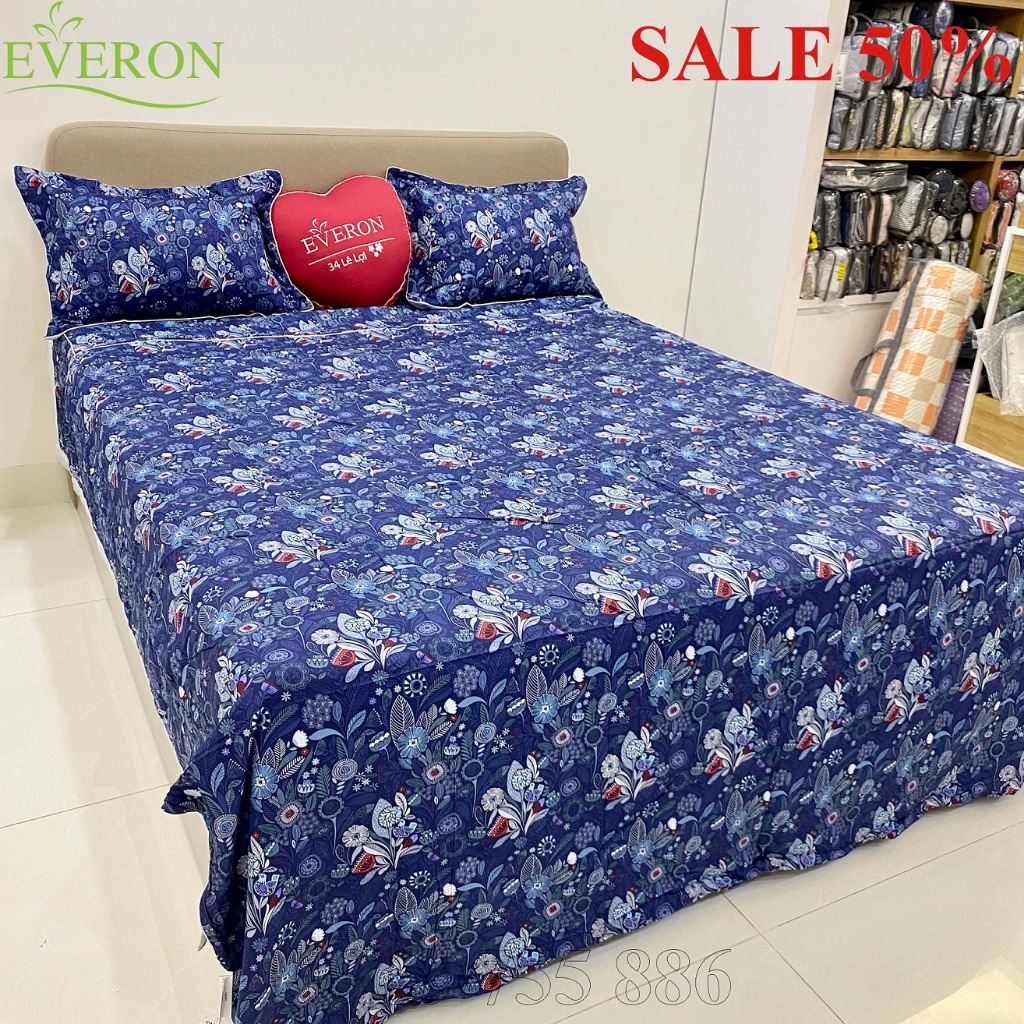 Bộ ga phủ, ga chun trần, chăn hè thu everon màu xanh than epm 20063 modal giảm giá