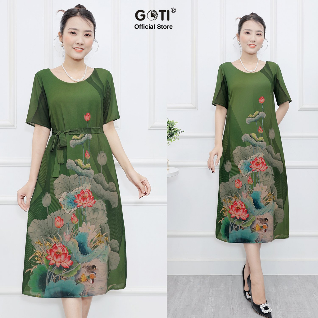 GOTI – Thời Trang Trung Niên Tặng Mẹ U50 U60 – Đầm Suông Dáng Dài Nền Nâu In Hoa Sen Hồng Sang Trọng Có Size Lớn 3380