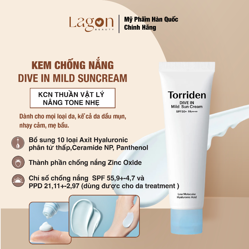 Kem chống nắng Torriden DIVE IN Mild Suncream 60ml SPF 50+ PA++ khoáng chất dịu nhẹ giúp nâng tông da tự nhiên