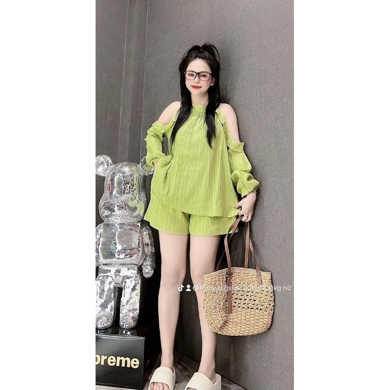 Set bộ đùi áo khoét hở vai tay dài, bộ tiểu thư đi chơi bigsize 60-100kg