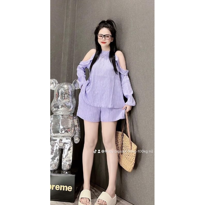 Set bộ đùi áo khoét hở vai tay dài, bộ tiểu thư đi chơi bigsize 60-100kg
