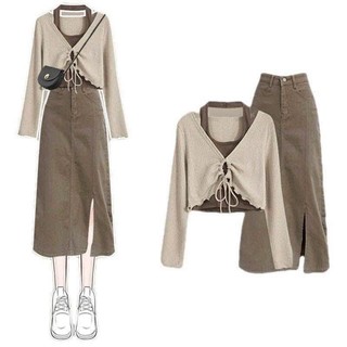  Set váy nữ Hàn Quốc 3 món,áo thun gân nữ tròng cổ + áo khoát ngoài tay dài cột dây mix chân váy dài chất KAKI kèm nịt 