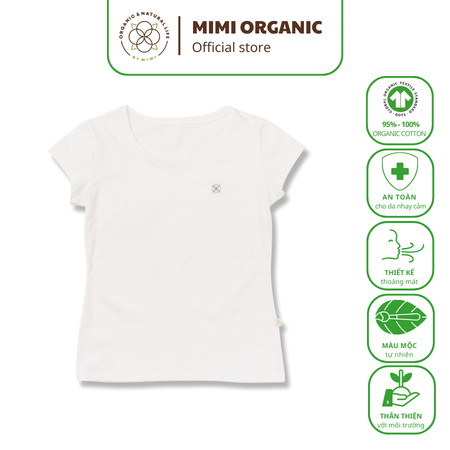 Áo phông nữ Mimi Organic Official  sợi bông hữu cơ màu trắng ngà nhãn thêu chìm mềm mịn siêu thoáng