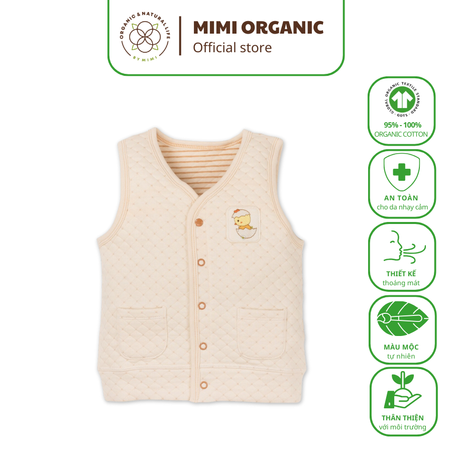 Áo khoác gile Mimi Organic Official chần bông màu be cho bé trai và bé gái bông màu tự nhiên kháng khuẩn mềm mịn