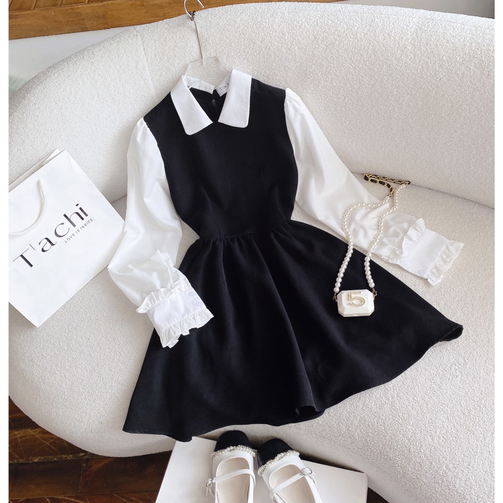 ĐẦM ĐEN CỔ SƠ MI TAY PHỐI SƠ MI