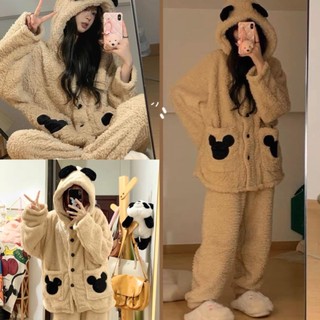 Bộ đồ ngủ lông cừu màu be khuy cài thêu mũ tai micky đen form rộng thể thao nam nữ unisex, Set đồ pyjama lông mượt mà ấm