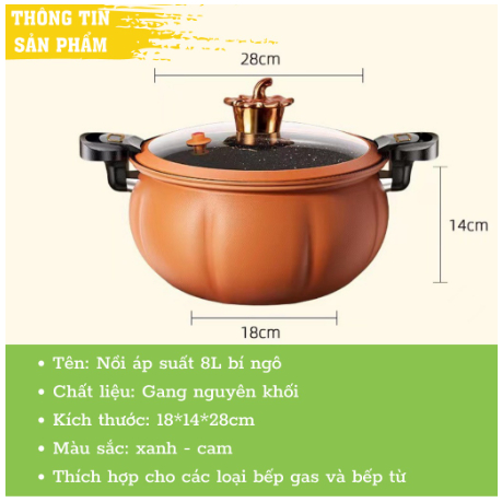 Nồi Áp Suất Bí Ngô Chống Dính 8L Thông Minh - Nồi Hầm 4in1 Hầm Gà, Cháo, Nồi Chiên, Xào Nấu Đa Năng
