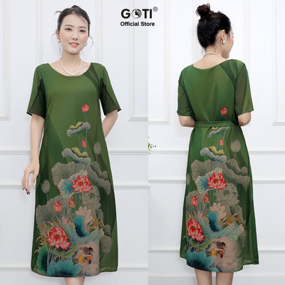 GOTI – Đầm Suông Trung Niên Xanh Bơ In Hoạ Tiết Sen Hồng Đầm Dự Tiệc Tặng Mẹ U50 U60 Bigsize 3381