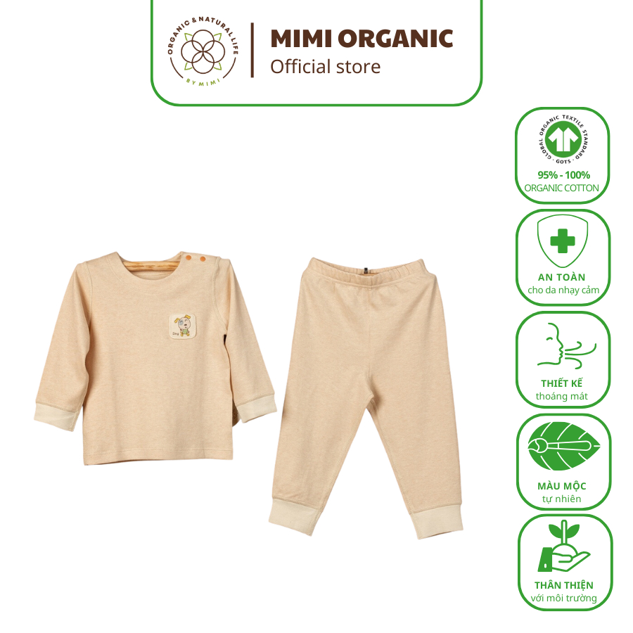 Bộ quần áo thu đông Mimi Organic Official  màu nâu mộc trơn sợi bông hữu cơ cho bé mềm mịn cao cấp