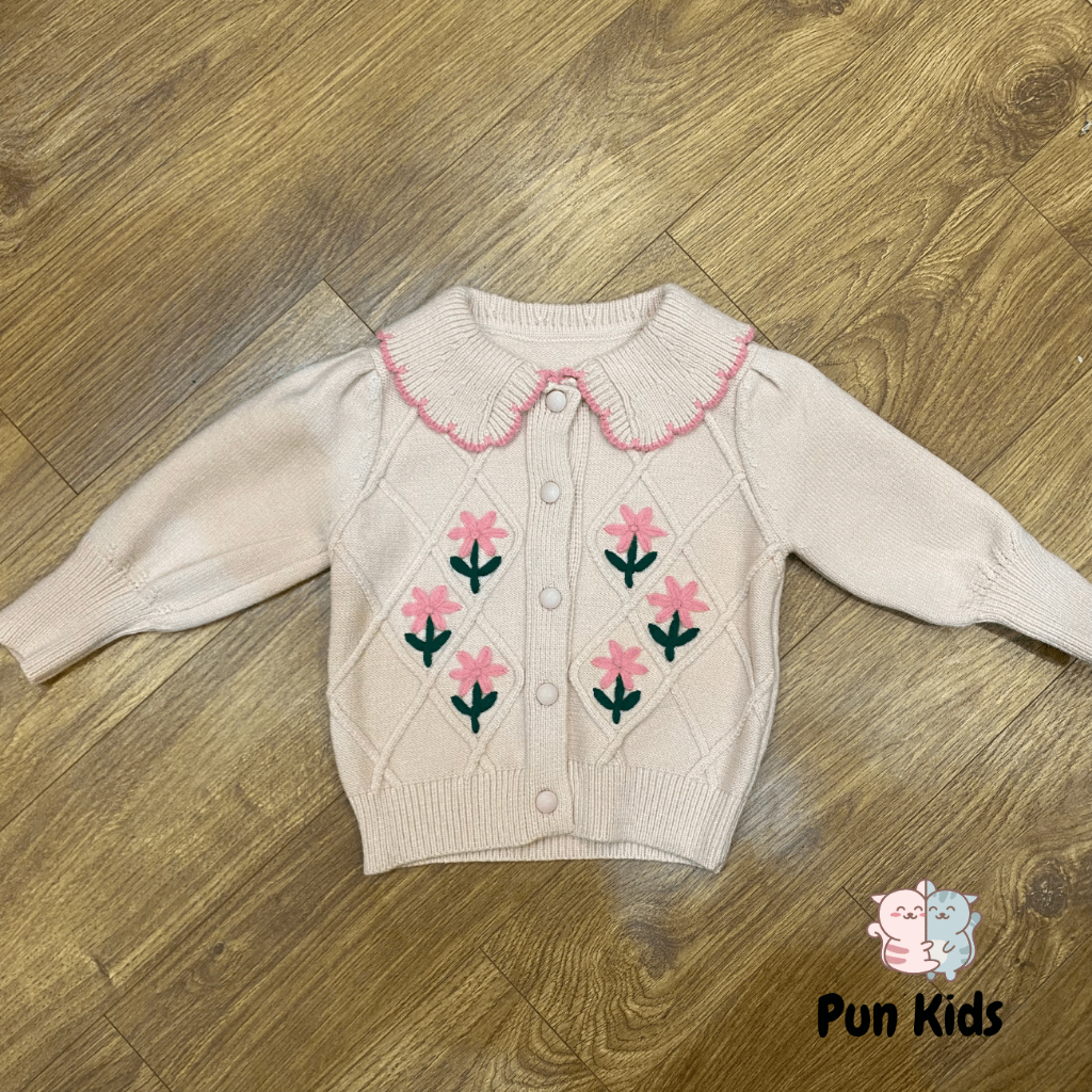 Áo khoác len cardigan cho bé gái 2 màu trắng kem, hồng xinh xắn cho bé gái 10-25kg