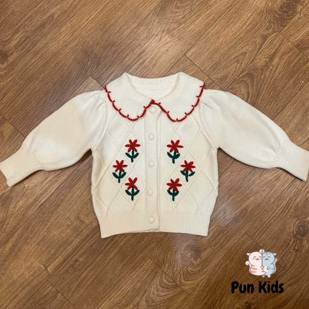 Áo khoác len cardigan cho bé gái 2 màu trắng kem, hồng xinh xắn cho bé gái 10-25kg