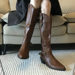 Giày boot đùi nữ cổ V phối khuy cài phong cách Hàn Quốc cá tính Bốt nữ mũi nhọn cá tính