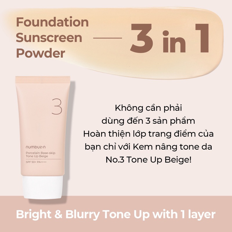 Kem Chống Nắng Nâng Tone Numbuzin No.3 Porcelain Base-skip Tone Up Beige 50ml