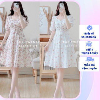 Váy hoa peachy-cherry the twenty chất tơ in chiết eo, váy đi biển chất tơ, váy cổ vuông phù hợp với mọi đối tượng t102.
