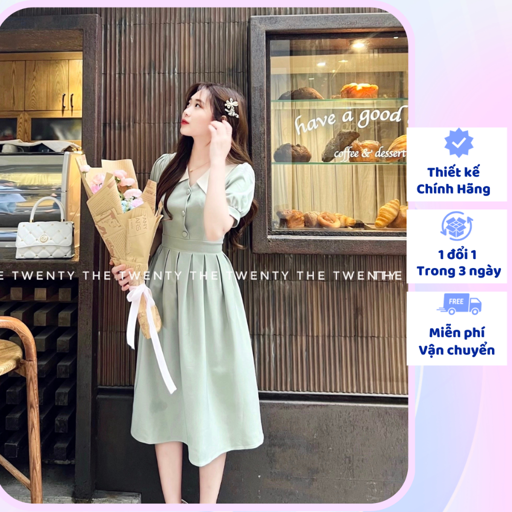 Váy Công Sở The Twenty Chất Chéo Hàn Cao Cấp, Đầm Cổ Đức Xanh Mint, Phù Hợp Đi Làm, Đi Chơi T171.