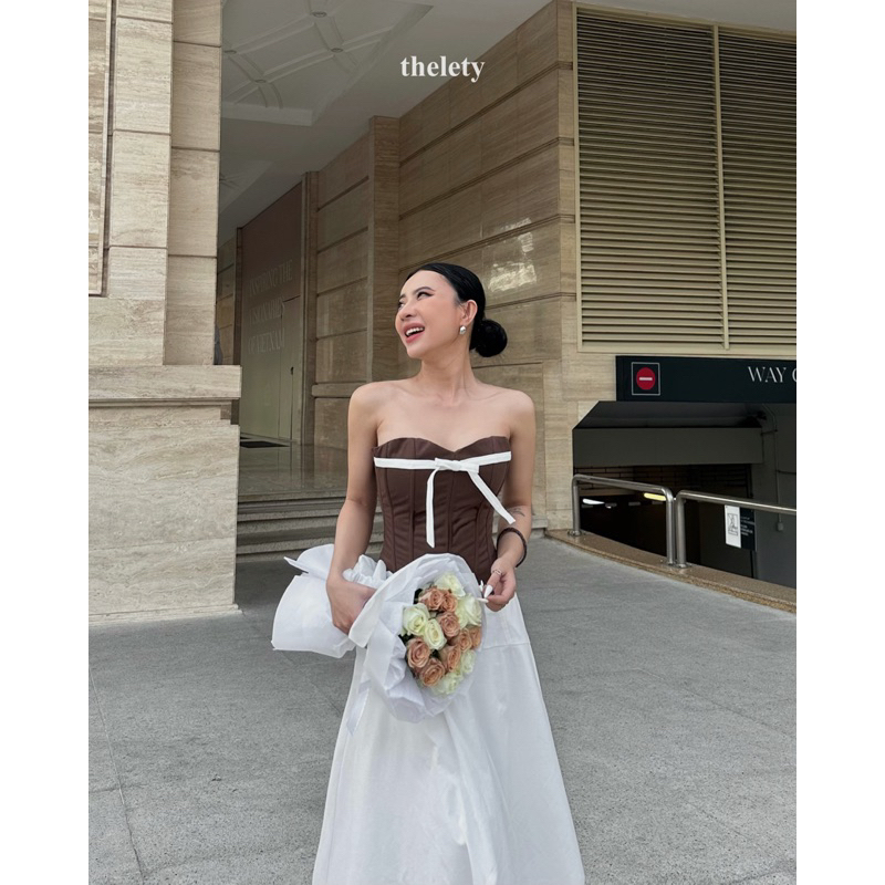 Áo Corset Rút Dây Thắt Nơ Màu Nâu MIMI CORSET BROWNIE | 𝐭𝐡𝐞𝐥𝐞𝐭𝐲