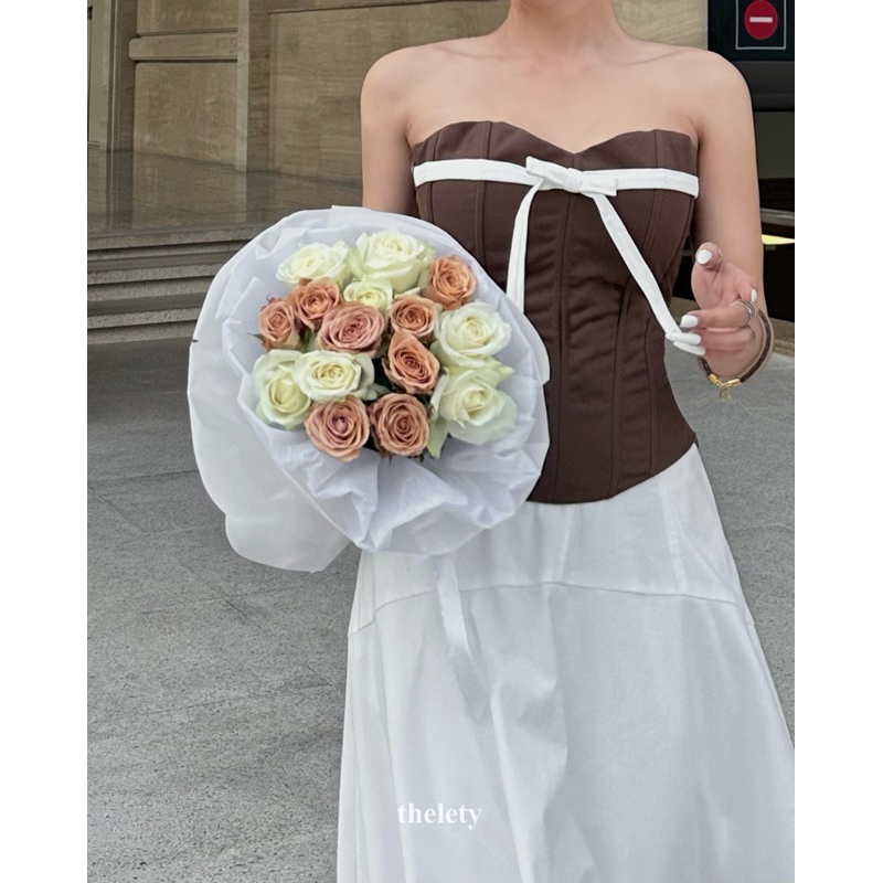Áo Corset Rút Dây Thắt Nơ Màu Nâu MIMI CORSET BROWNIE | 𝐭𝐡𝐞𝐥𝐞𝐭𝐲