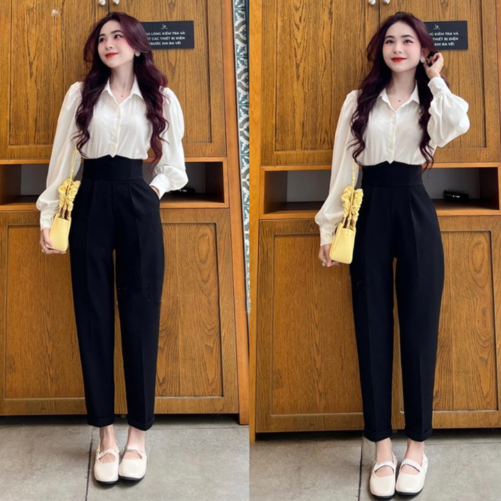 Quần Dài Nữ Cạp V Cao 6 Phân Túi 2 Bên Tiện Lợi, Quần Baggy Vải Tuyết Mưa Dày Mịn Co Giãn Nhẹ , Không Nhăn H05