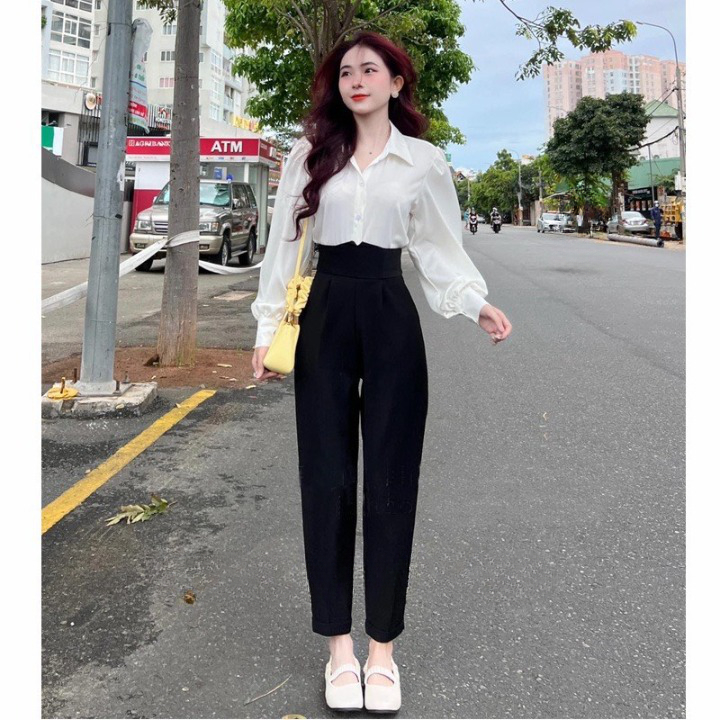 Quần Dài Nữ Cạp V Cao 6 Phân Túi 2 Bên Tiện Lợi, Quần Baggy Vải Tuyết Mưa Dày Mịn Co Giãn Nhẹ , Không Nhăn H05