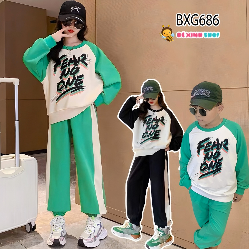 Bộ Thu Đông Áo Dài Tay Raplang Quần Jogger Thể Thao NOFEAR Dễ Thương Cho Bé Trai & Bé Gái BXG685