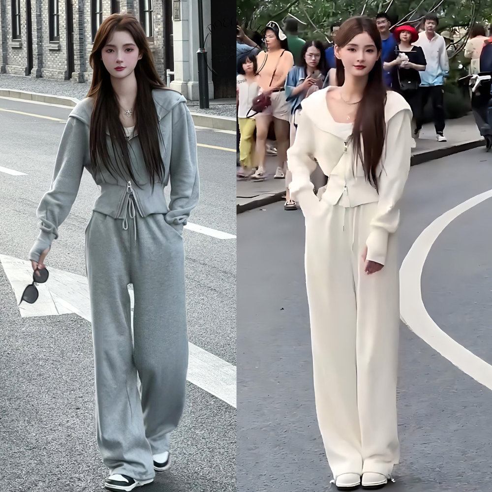 Set đồ nữ - Áo khoác nữ phối với quần ống suông vải tăm rủ co giãn tốt cạp chun siêu tôn dáng dieuanh_5202