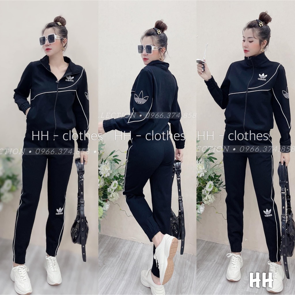 Set Bộ Thể Thao Nữ Áo Khoác Họa Tiết Adi Phối Quần Jogger Logo Thêu Nổi Sịn Sò