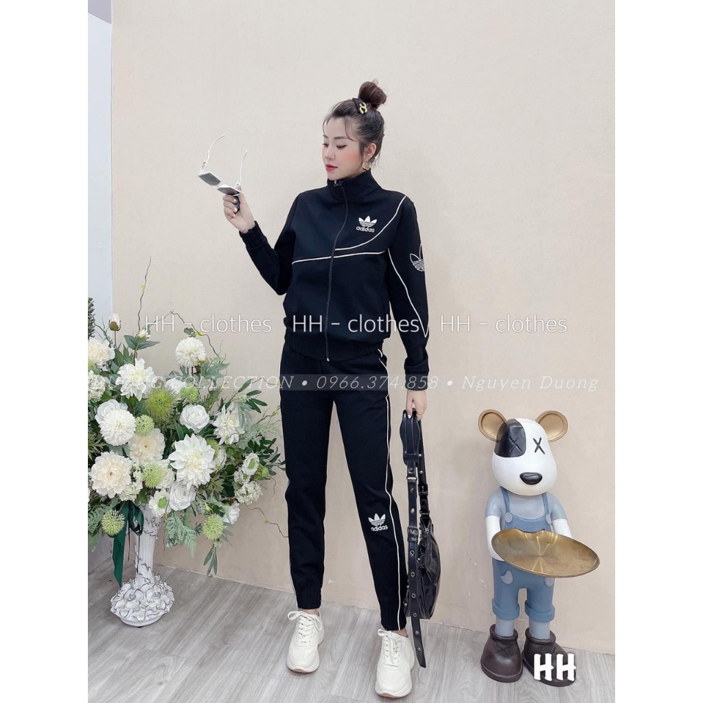 Set Bộ Thể Thao Nữ Áo Khoác Họa Tiết Adi Phối Quần Jogger Logo Thêu Nổi Sịn Sò