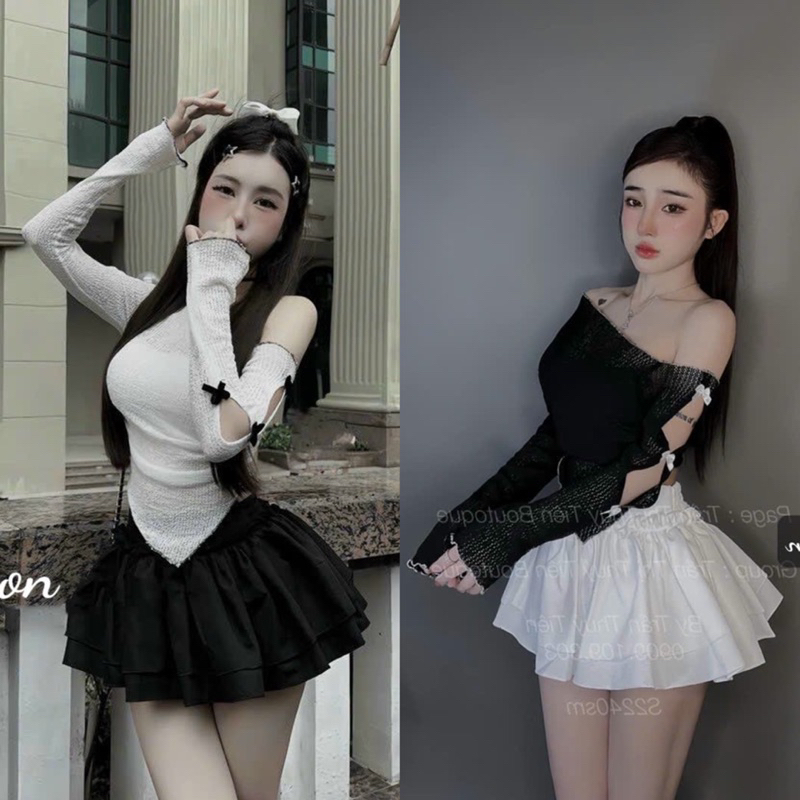 SET ÁO LEN LỆCH VAI ĐÍNH NƠ TAY DÀI VẠT NHỌN PHỐI CHÂN VÁY TẦNG