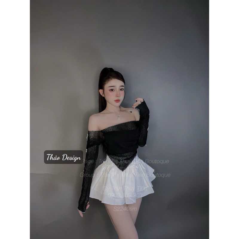 SET ÁO LEN LỆCH VAI ĐÍNH NƠ TAY DÀI VẠT NHỌN PHỐI CHÂN VÁY TẦNG