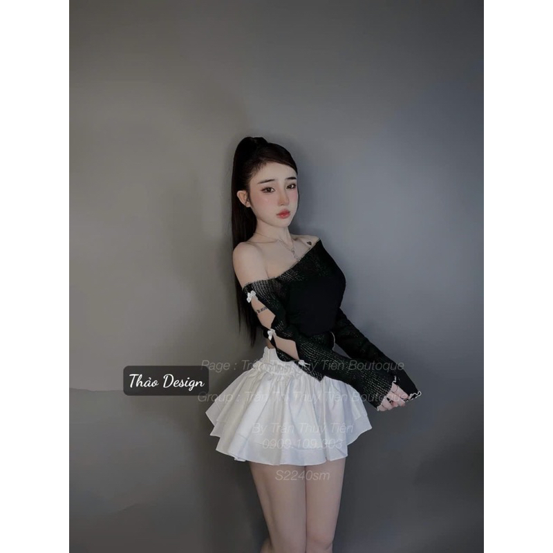 SET ÁO LEN LỆCH VAI ĐÍNH NƠ TAY DÀI VẠT NHỌN PHỐI CHÂN VÁY TẦNG